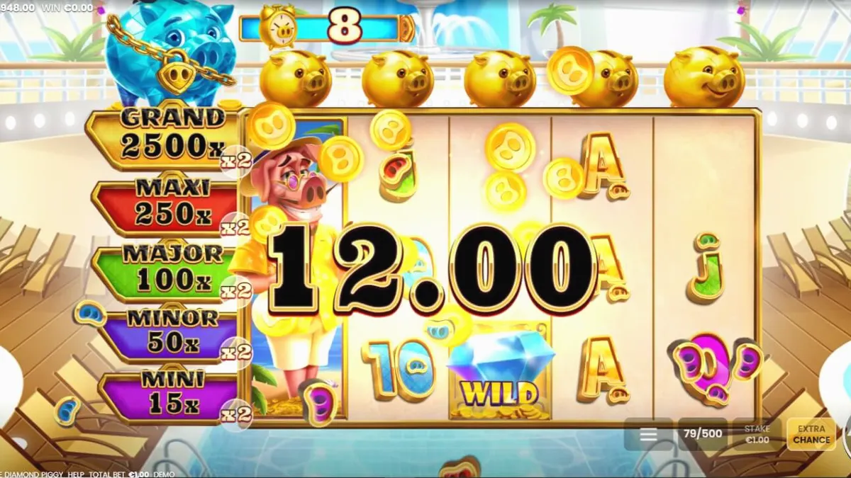 Tampilan visual mewah dari slot Break the Diamond Piggy dengan tema kapal pesiar dan celengan babi emas.